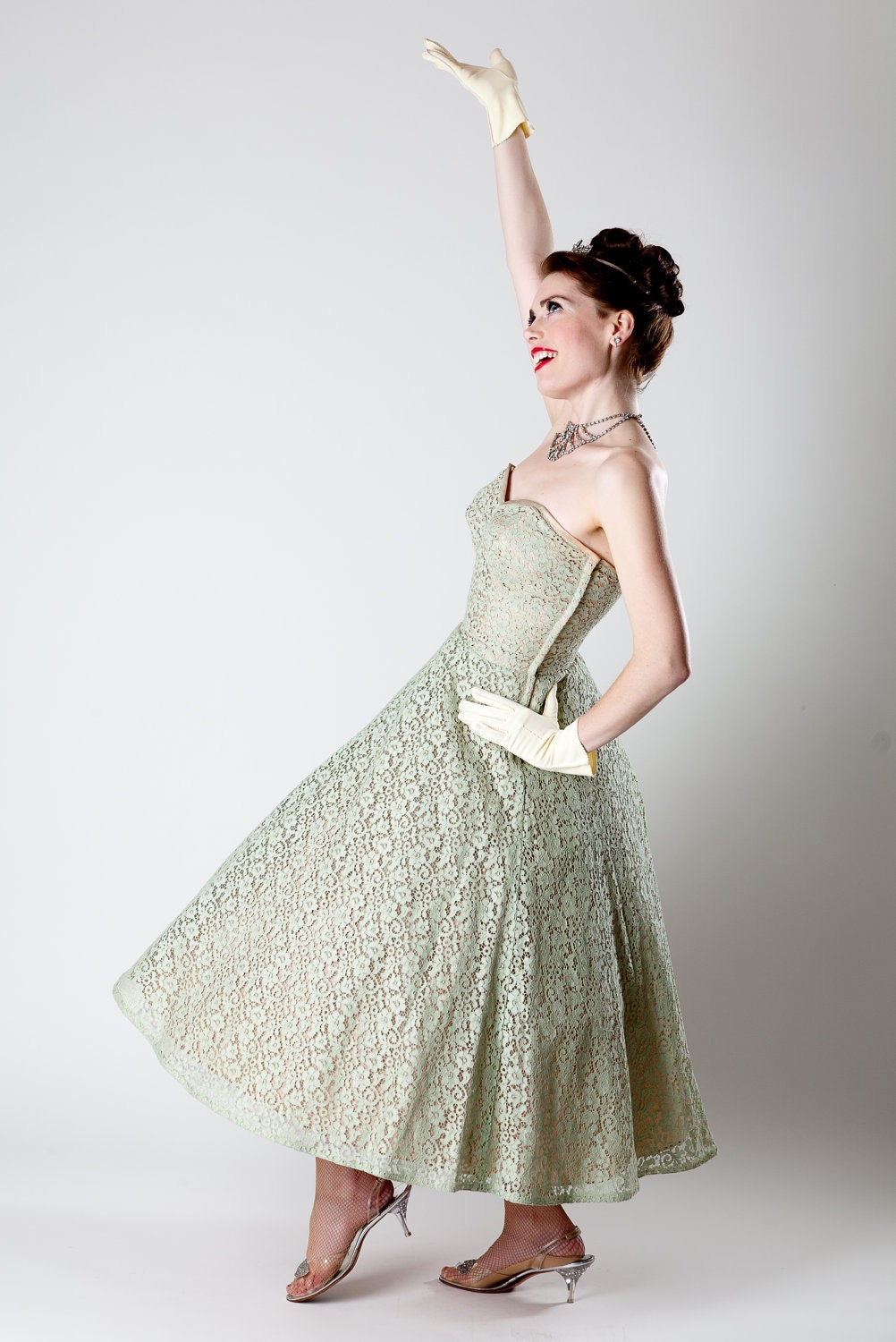 Vintage 1950s Lace Wedding Dress Sage Green Party Prom Spring Fashions