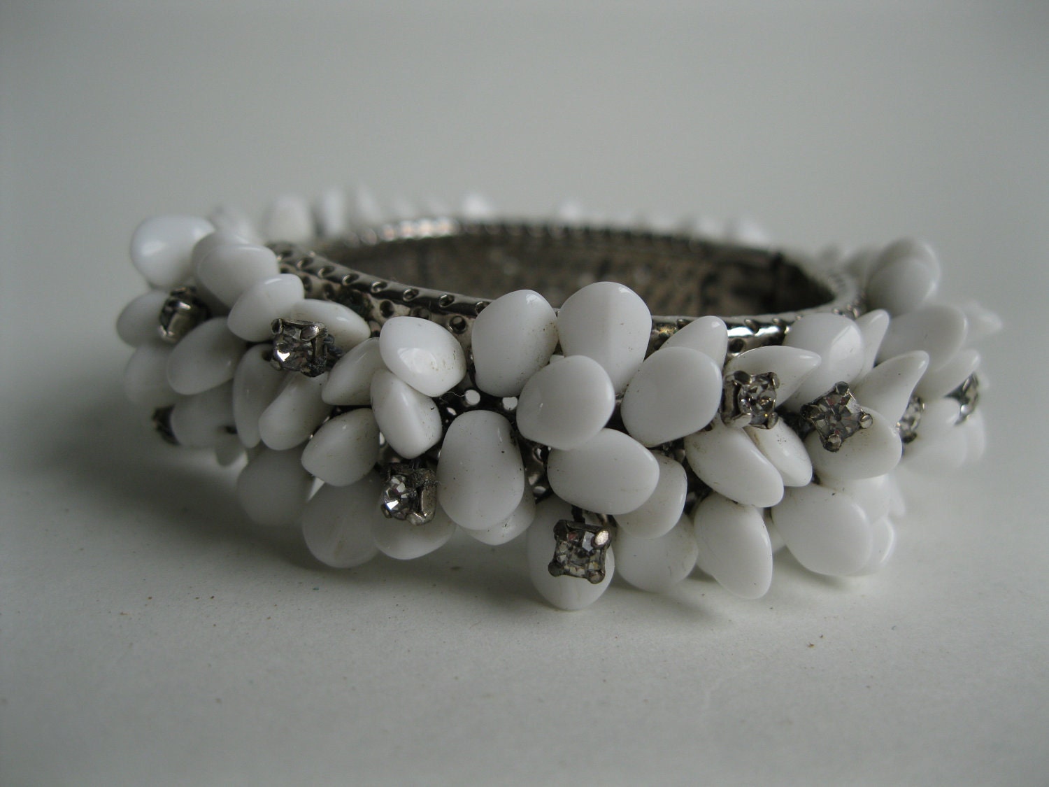 Vintage 1930s Bracelet Rhinestone Clamper Milk Glass Wedding Bridal Fashions 1940s