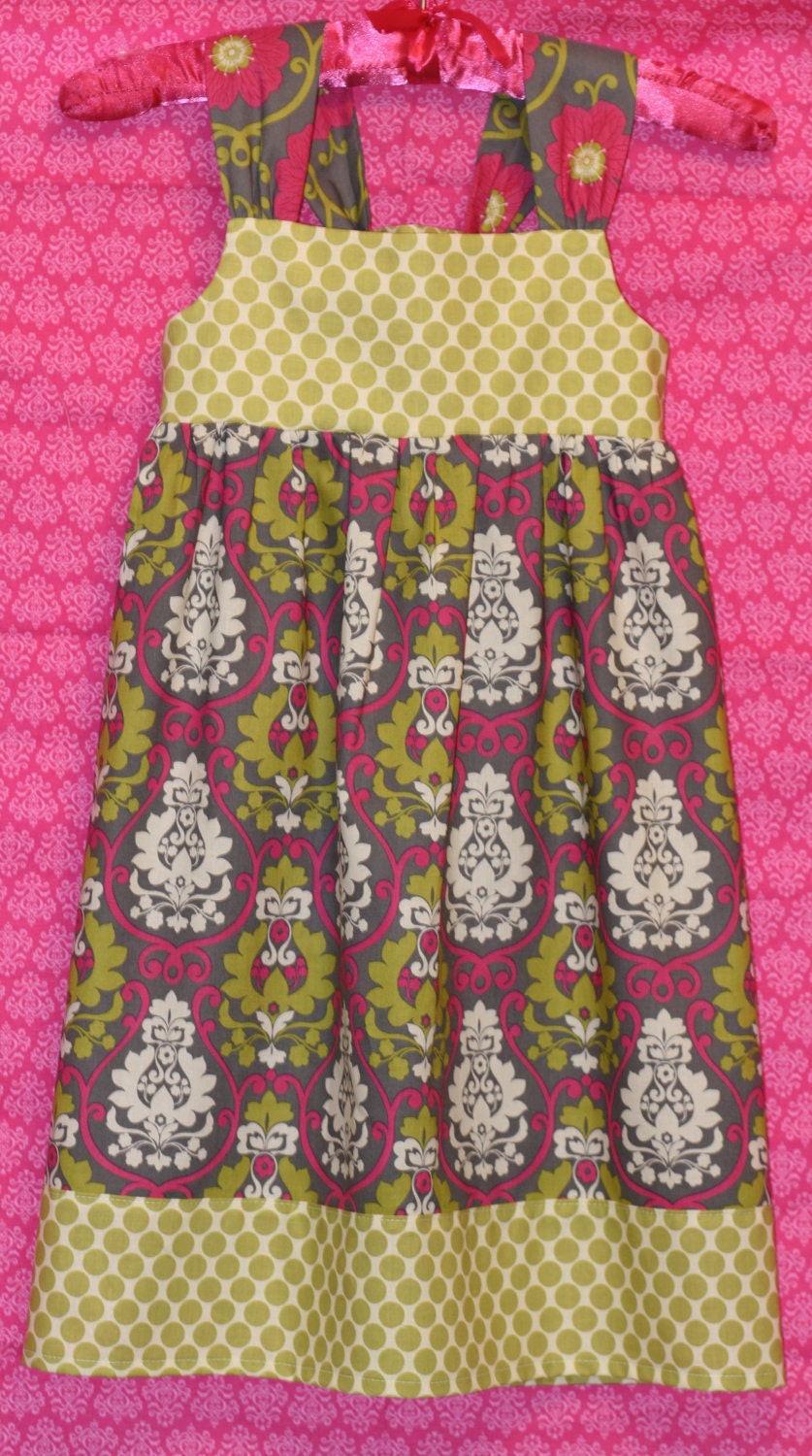 Poppy Dot Damask reverse knot dress 12mo, 18mo, 2t, 3t, 4t, 5, 6