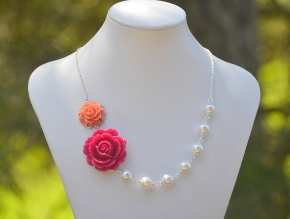 Bridesmaid Statement Necklace: Fuchsia and Coral Rose Pearl Necklace and White Swarovski Pearls. Beaded Asymmetrical Bridesmaids Jewelry