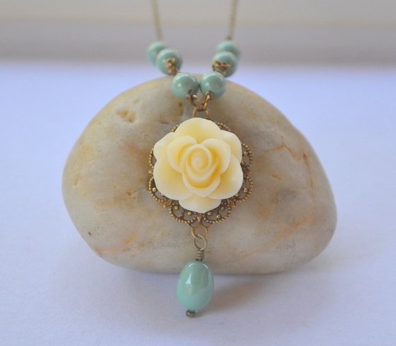 Vintage Style Ivory Rose and Grayed Jade Green Swarovski Pearl Teardrop Necklace.  Ivory Rose and Turquoise Green Pearl Necklace.