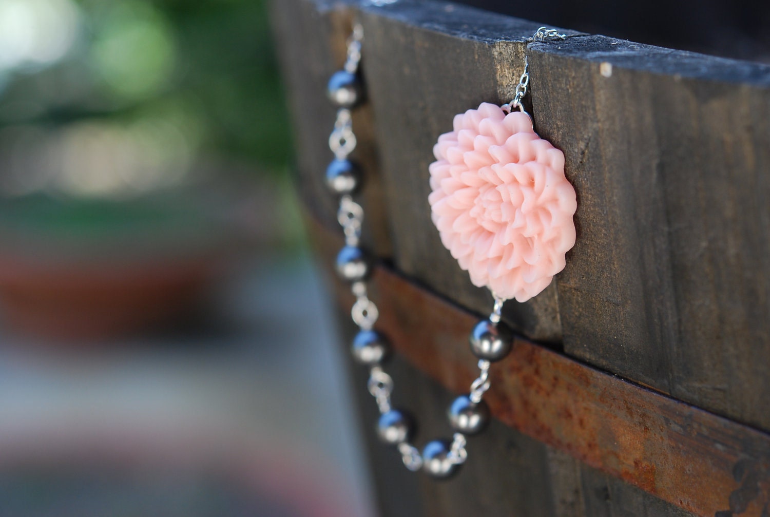 Pink Flower and Grey Swarovski Pearl Asymmetrical Necklace Bridal Jewelry Jewelry Gift for Her.  Free Shipping.