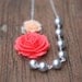 Bridesmaids Jewelry. Coral Rose and Peach Rose Asymmetrical Necklace with Large Grey Swarovski Pearls. Bridesmaid Gifts Jewelry Set.