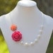 Bridesmaid Statement Necklace: Fuchsia and Coral Rose Pearl Necklace and White Swarovski Pearls. Beaded Asymmetrical Bridesmaids Jewelry