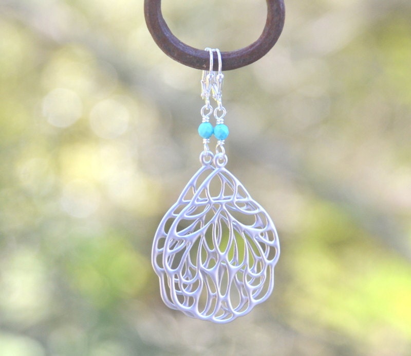 Matte Silver Wings and Turquoise Dangle Earrings Jewelry Gift for Her.  Free Shipping.