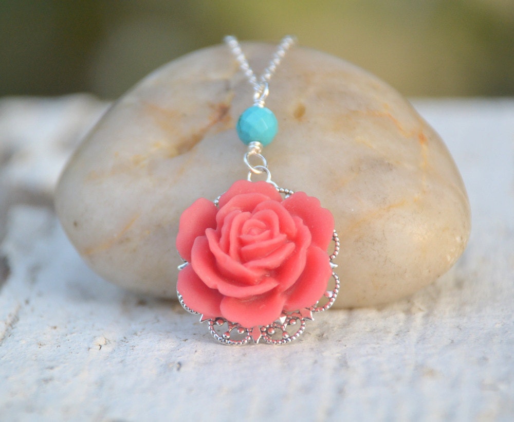Coral Red Rose and Turquoise Classic and Simple Summer Necklace Jewelry Gift for Her. Free Shipping.