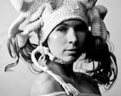 Headdress SALE - white "Thought Transfer Station" crochet hat