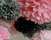 Tissue Paper Pom Poms -Set of 7- Pink and Damask Poms for Wedding - Shower - Birthday - Nursery decorations
