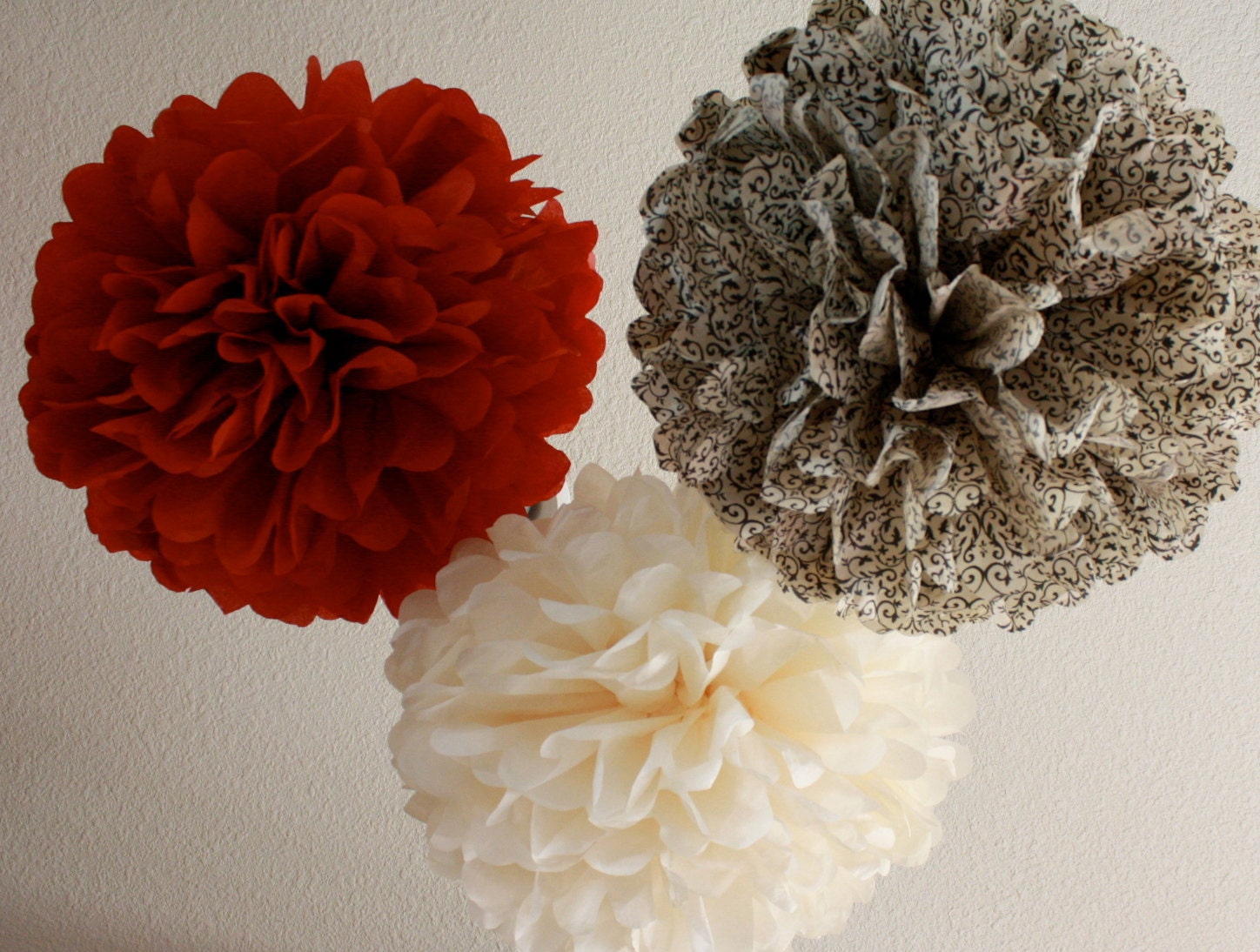 Antique Damask Tissue Paper Pom Poms -Set of 10- Romantic Scarlet Red and Antique Damask Poms Flower Decorations
