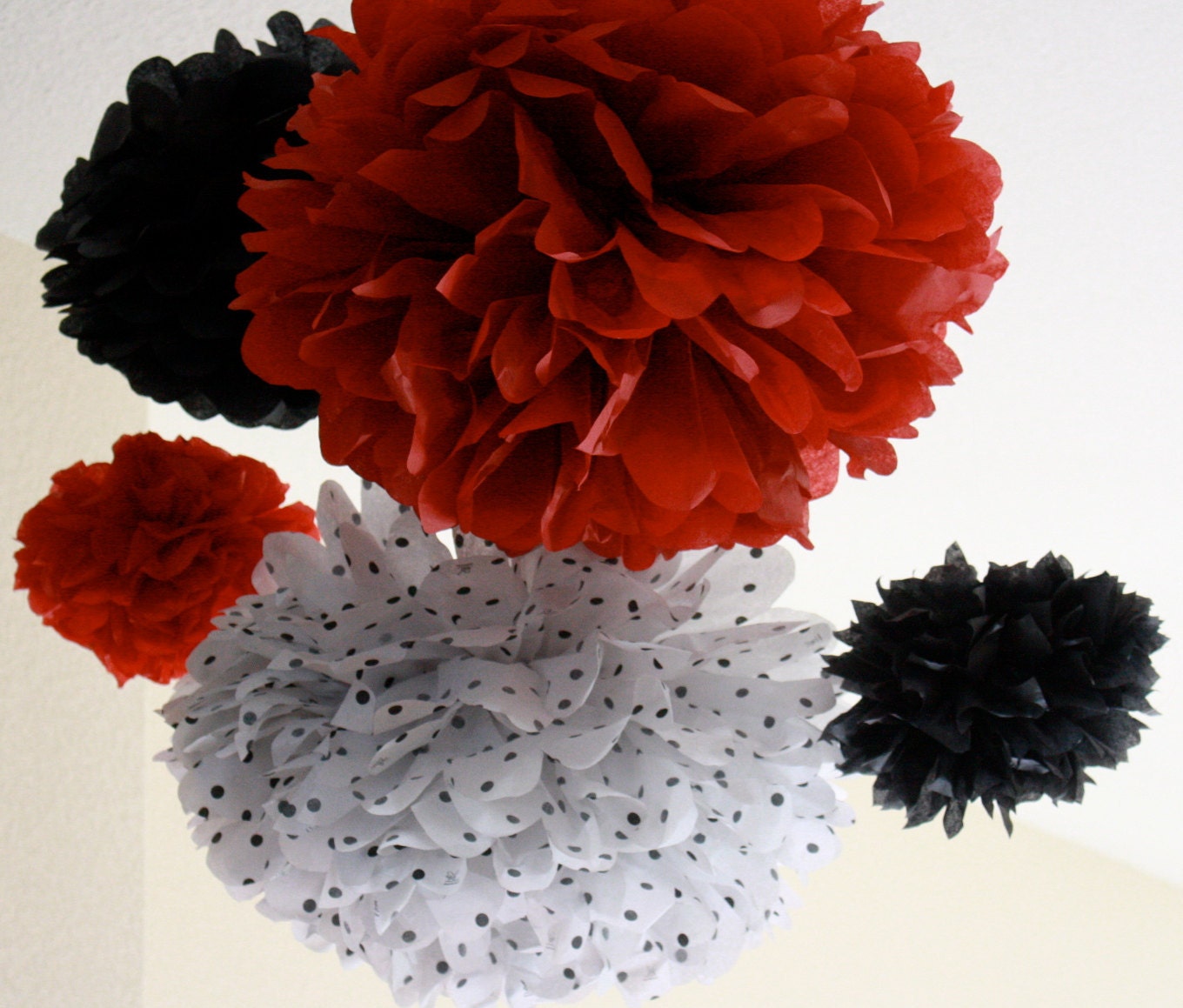 Tissue Paper Pom Poms -Set of 10- Mickey Mouse, Minnie Mouse or Ladybug Birthday Party - Polka Dot Decorations