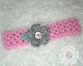 Baby Headband - Pink Headband with Grey Flower - Bling Bling, Headband Bling, Photo Prop - READY TO SHIP