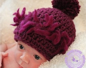 Baby Girl Hat, Crochet Baby Hat, Crochet Newborn Beanie, Super Soft with Pom Pom in Purple, 0 - 3 months, READY TO SHIP, Sweetness In Smyrna