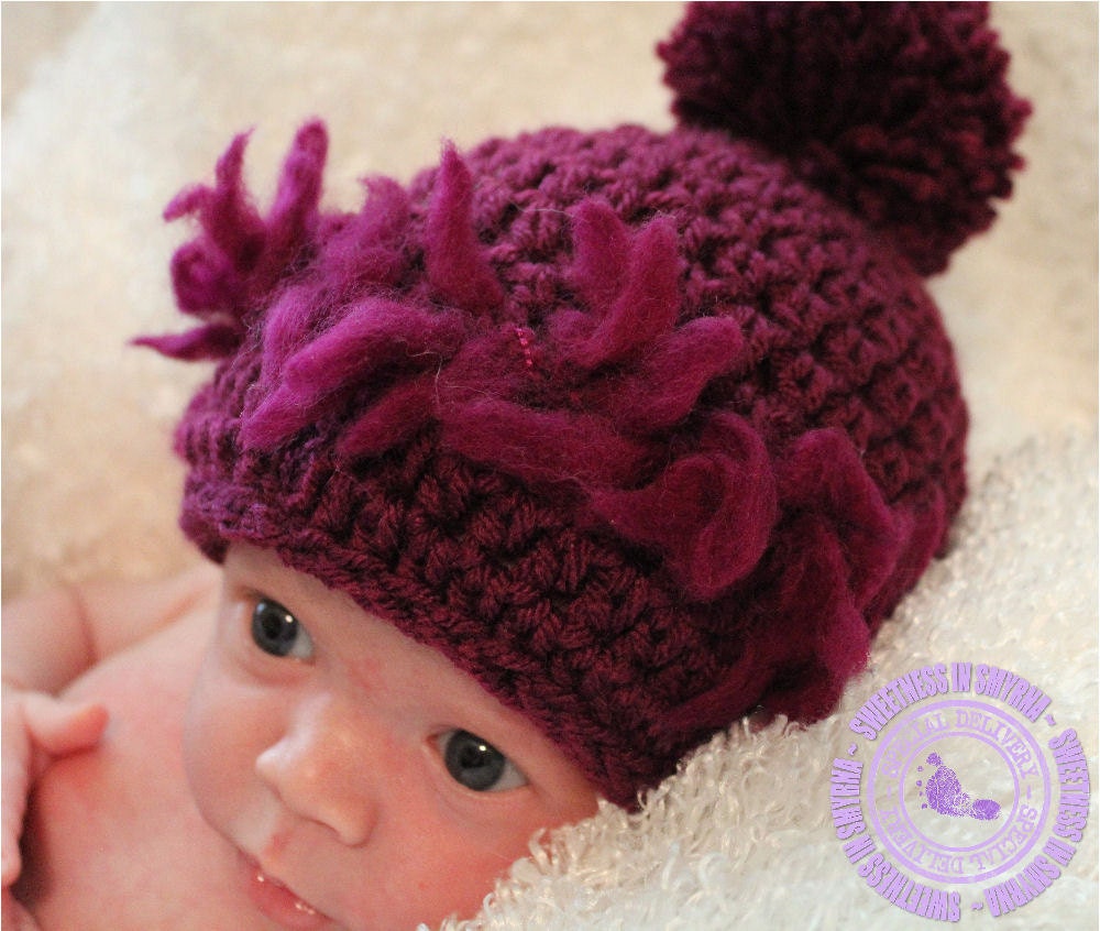Baby Girl Hat, Crochet Baby Hat, Crochet Newborn Beanie, Super Soft with Pom Pom in Purple, 0 - 3 months, READY TO SHIP, Sweetness In Smyrna
