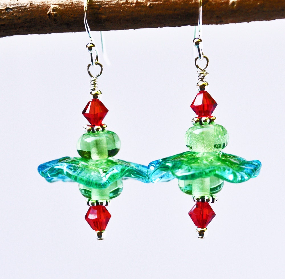 Blue Green Red Floral Glass Dangle Earrings