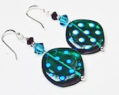 Black Spotted Czech Glass and Crystal Dangle Earrings