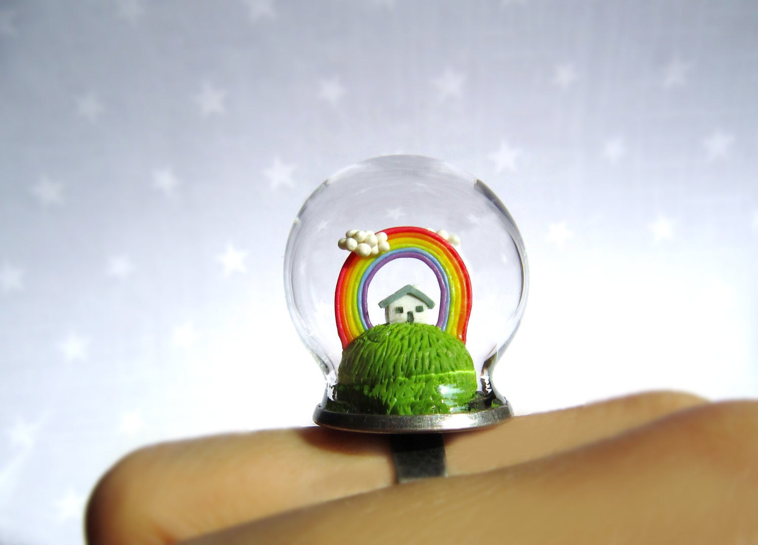 Spring Terrarium ring with tiny house and rainbow. Miniature under glass globe.