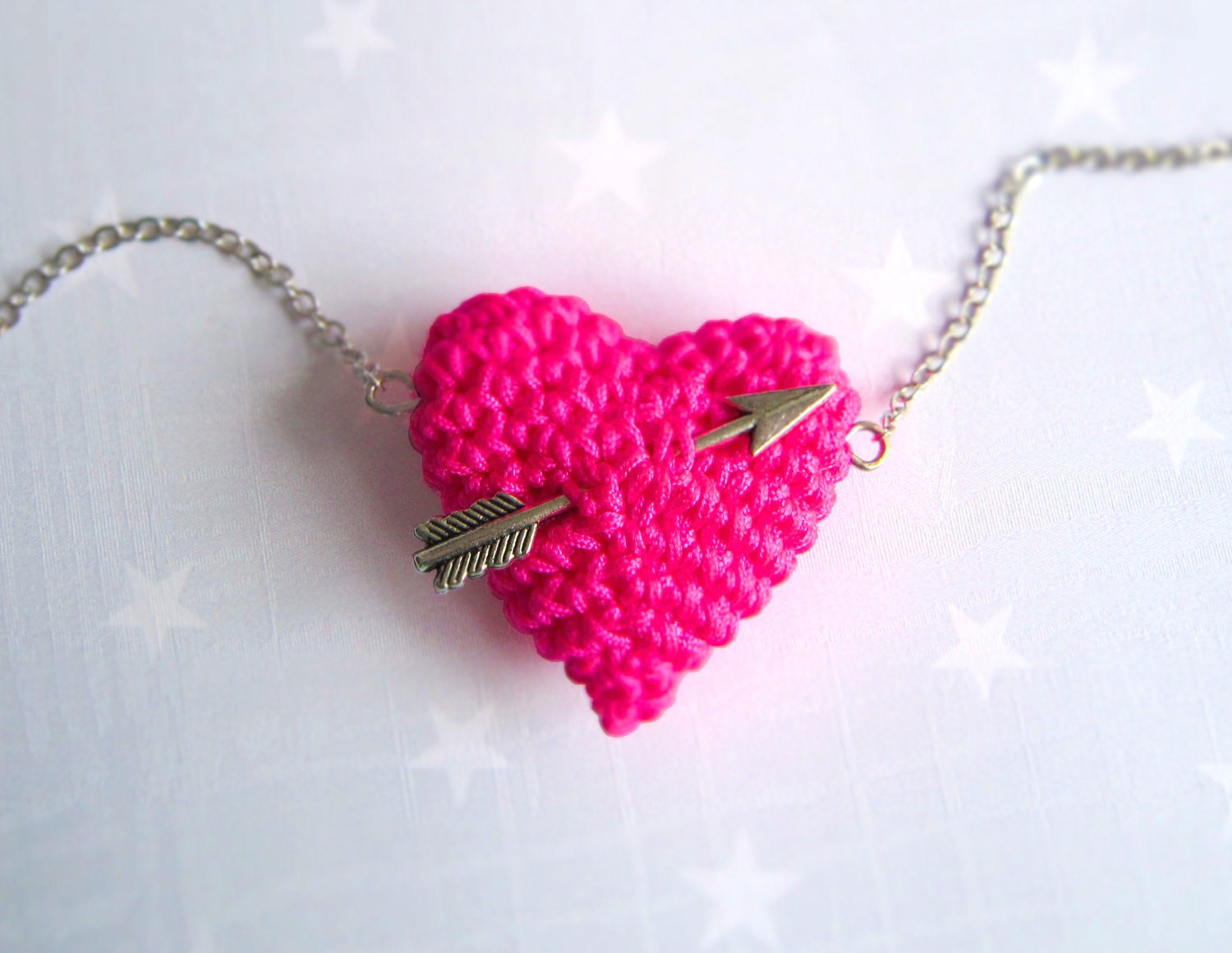 Spring Knit jewelry-Crochet Neon Pink heart and arrow.Long necklace. Fluo Pink.