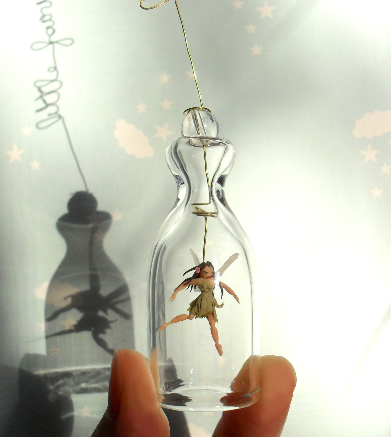 Little greenFairy. Spring ornament. Miniature under glass bell.