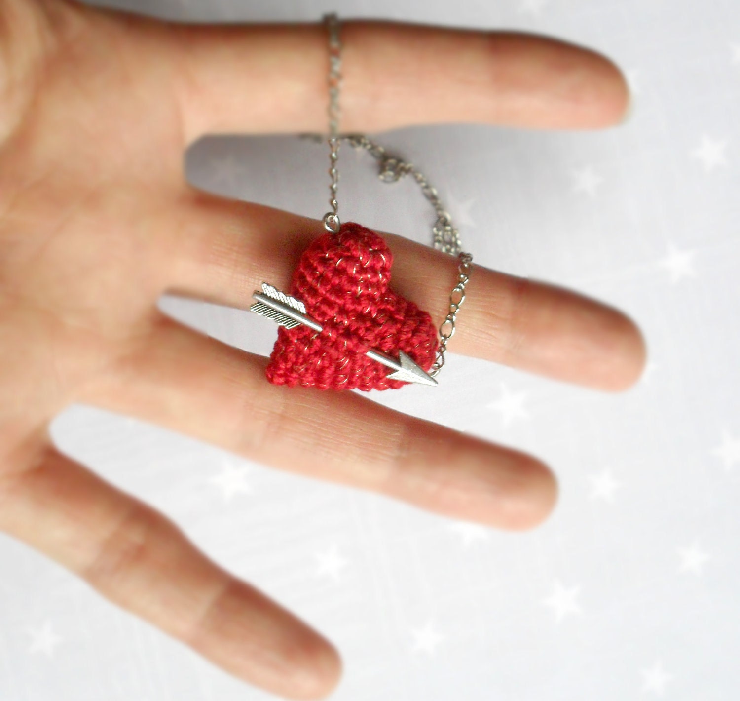 Valentine Necklace crochet red heart and arrow.Love necklace.