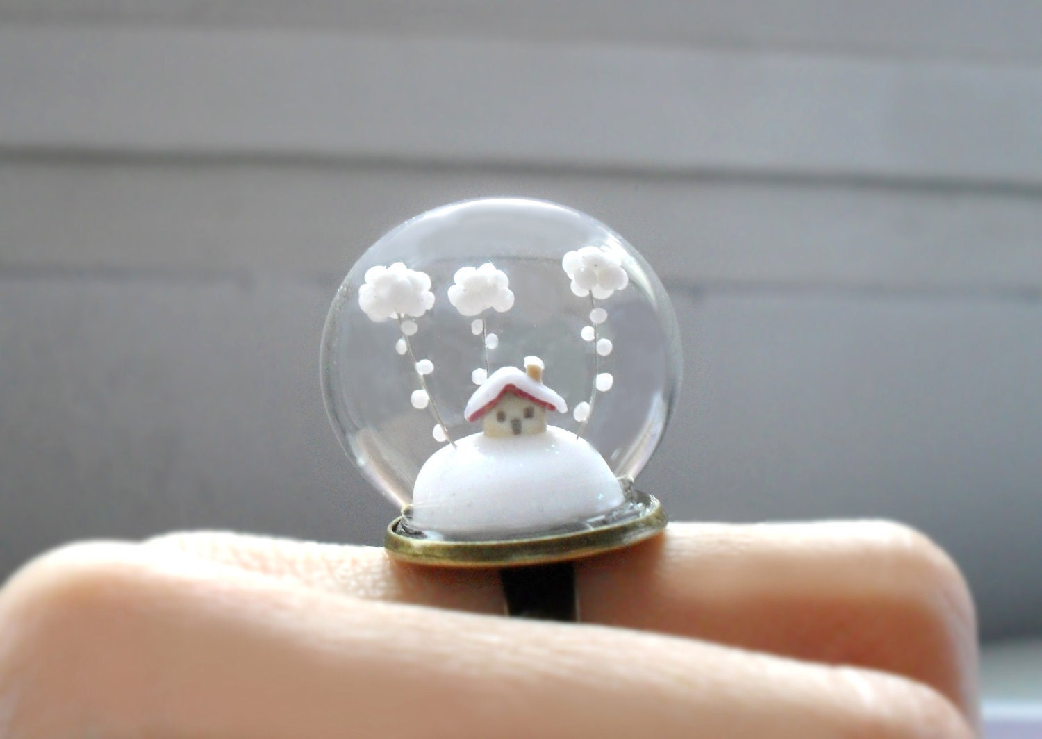 Christmas Ring Snow-covered landscape-Little house and white clouds- Winter Terrarium ring.