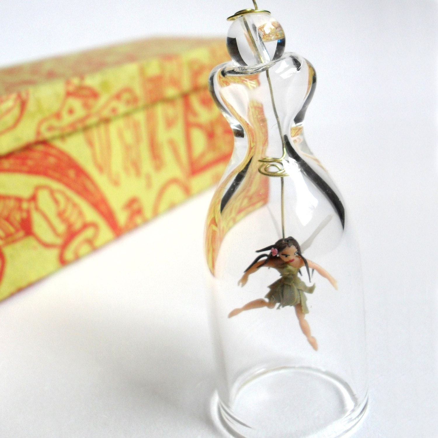 Little greenFairy. Spring ornament. Miniature under glass bell.