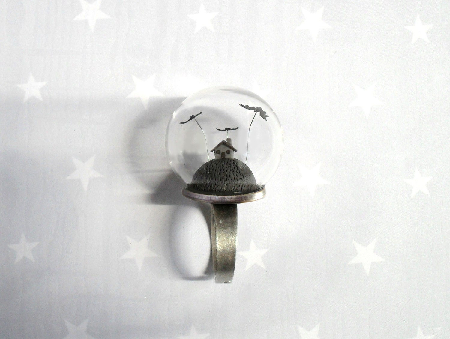 Miniature ring-Scary little gray house and bats - fantasy adjustable ring