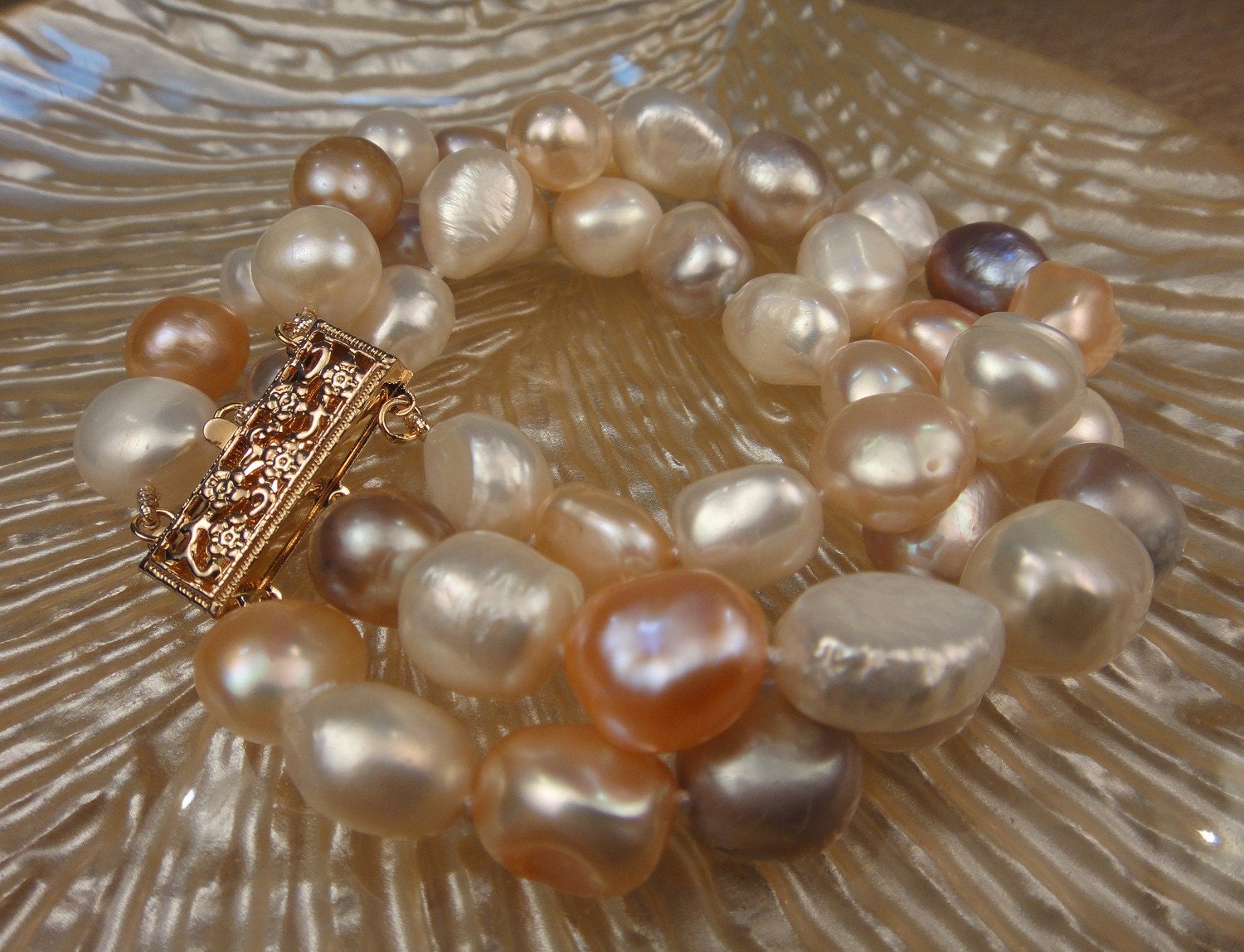 Freshwater Pearls, Multi Strand, Multi Color Pastel, 18K Gold Clasp Statement Bracelet, Bride Wedding, OOAK Artisan Handcrafted in America