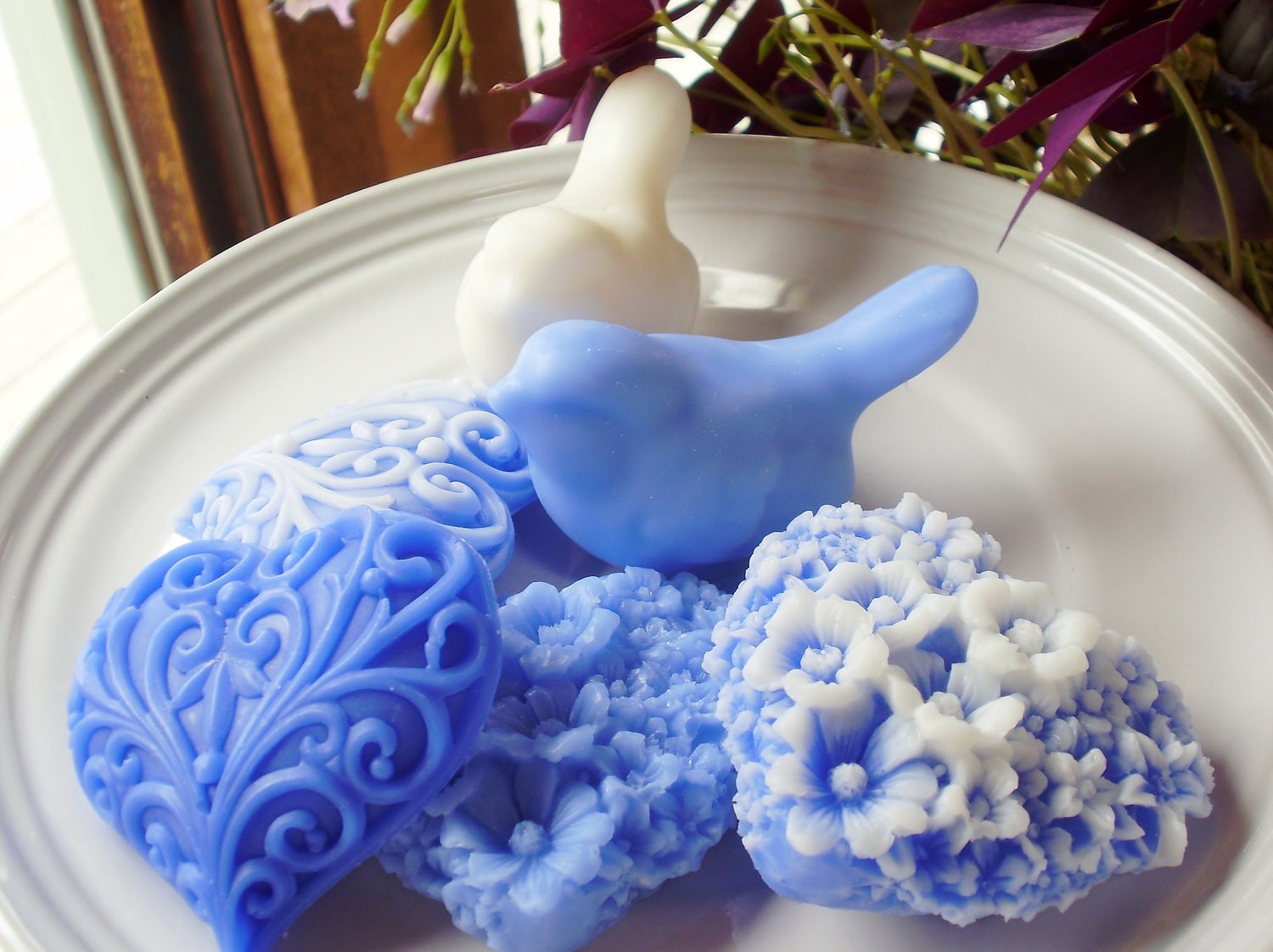 SOAP, Blue and White Love Birds with Hearts, Scented in White Tea & Ginger, Handmade, Vegetable Based
