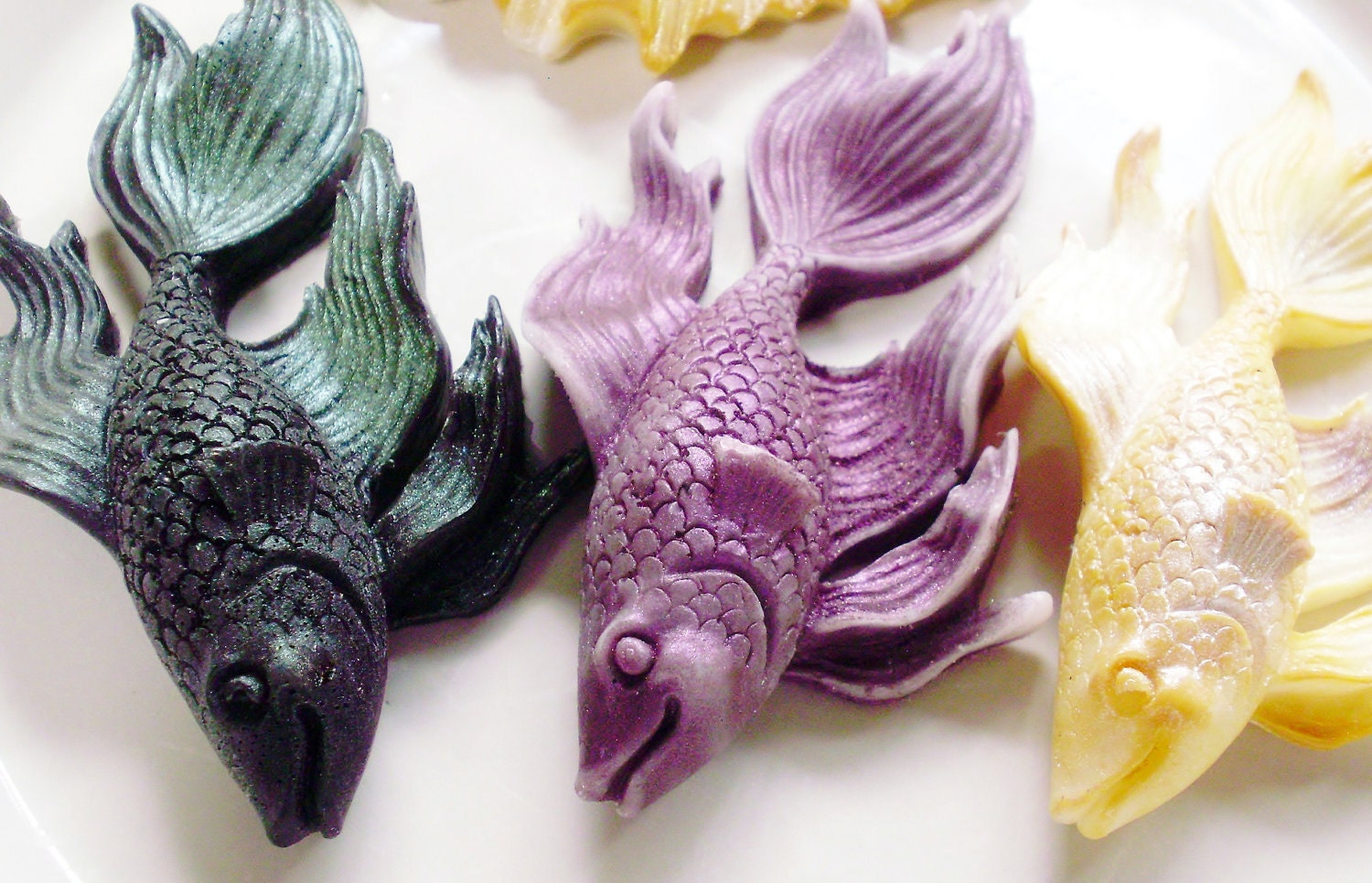 SOAP, Summer Beta Fish in Black Green, Mustard Gold, and Purple Amethyst Shimmer, Scented in White Tea and Ginger
