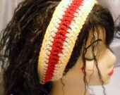 Wide Striped Crochet Headband In Yellow, Red, & Primary Flecked White, with ties for fit