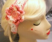 Lacy Pink & White Cotton Crochet Headband with Crochet Flower, pink elastic back