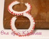 The Singleton: Silver Plated Hoops Crocheted with White Bamboo Thread, Red Glass Seed Beads