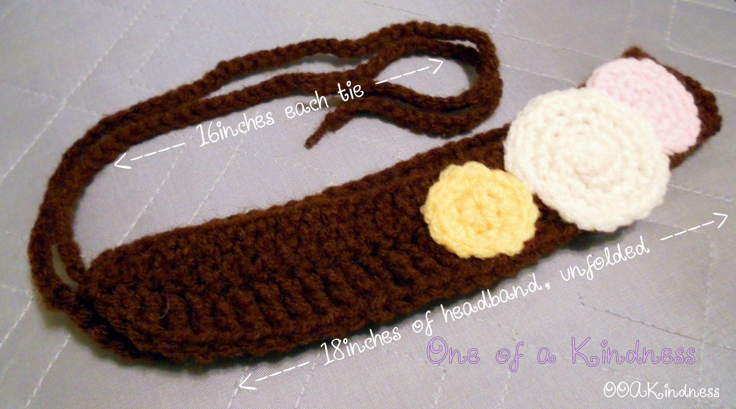 Chocolate Brown Crochet Acrylic Headband with Pink, White, & Yellow Circle Appliques, ties for fit