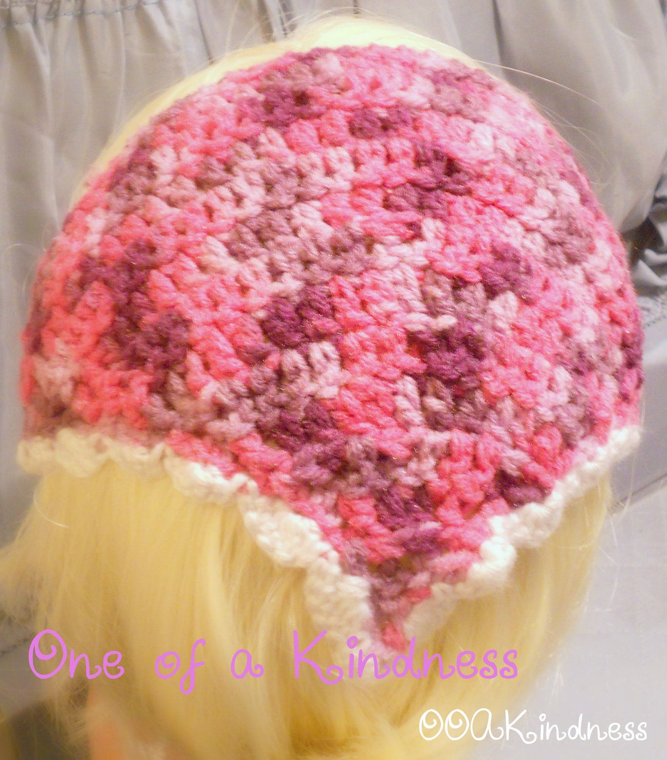 Pink & Purple Variegated Acrylic Crochet Kerchief with White Scallop Trim