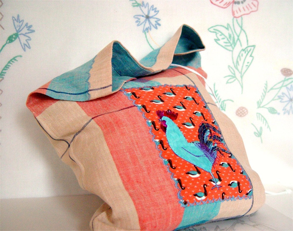 LAUNDRY BAG, Storage Idea, Linen Bag, Blue Rooster, coral red, home decoration