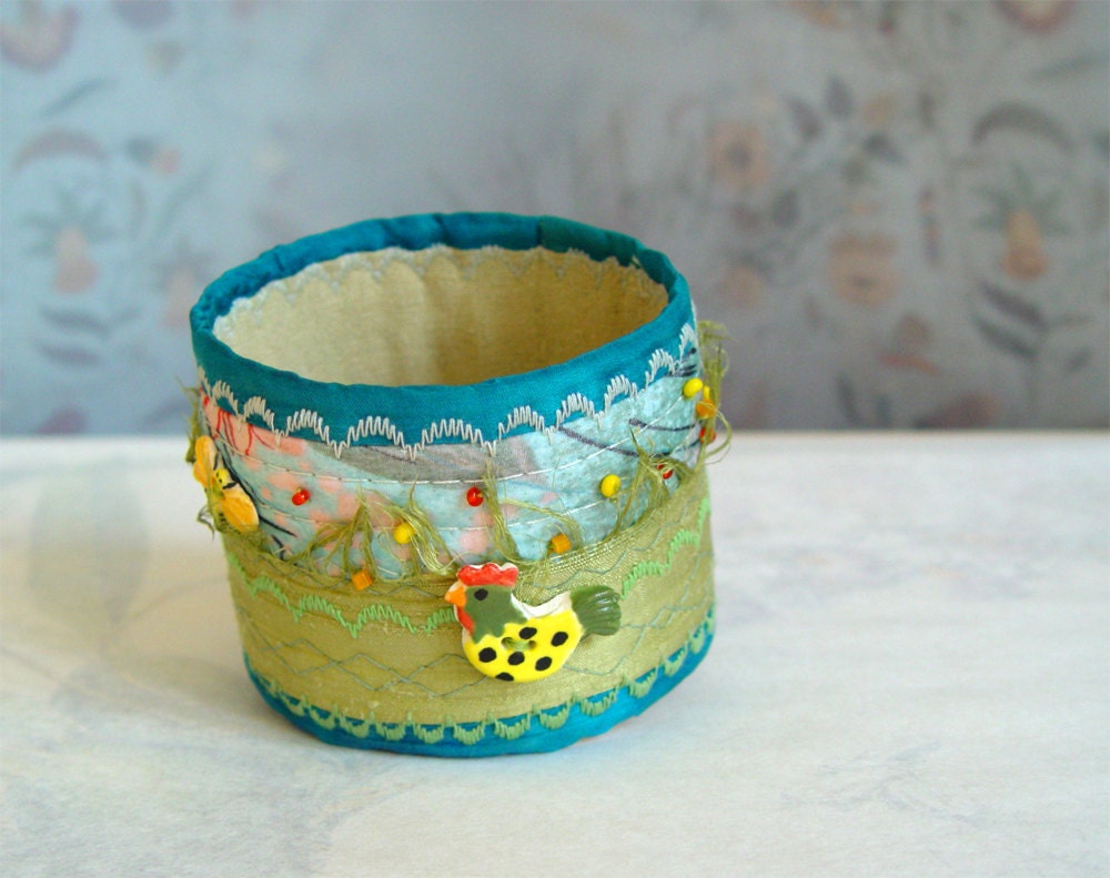 SUMMER BRACELET, Embroidered Jewelry, Turquoise Lime, Silk Bracelet, Quilted Textile