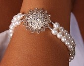 Emma, Swarovski Crystal and Pearl Filagree Pendant Double Strand Bridal Bracelet