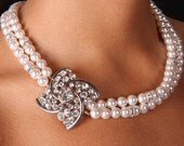 Vintage Style Rhinestone Brooch Double Strand Bridal Necklace Swarovski Pearls Crystal Rondelle, The Audrey