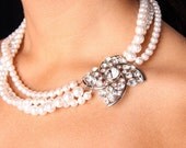 Ava, Rhinestone Brooch Triple Multi Strand Bridal Necklace Swarovski Pearls