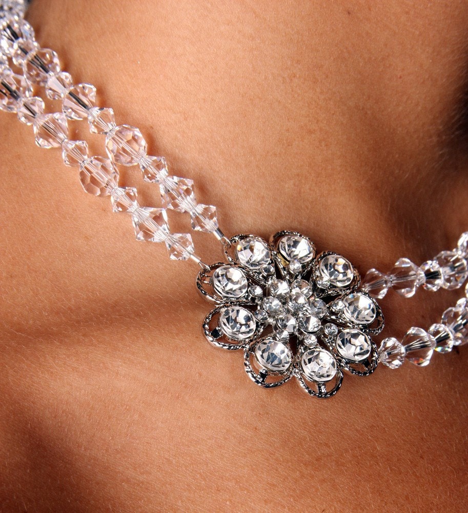 Sophia, Rhinestone Brooch Double Strand Necklace Swarovski Crystals