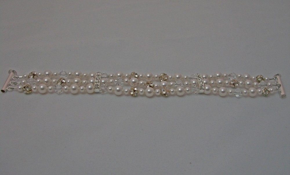 Triple Strand Swarovski Crystal Pearl Rhinestone Ball Bridal Bracelet, The Alyssa
