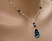 Something Blue Swarovski Crystal Bridal Bridesmaid Y Drop Pear Pendant Necklace