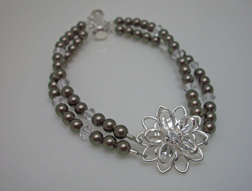 Brown Double Strand Swarovski Pearl and Swarovski Crystal Daisy Bridal Bracelet, The Isabella