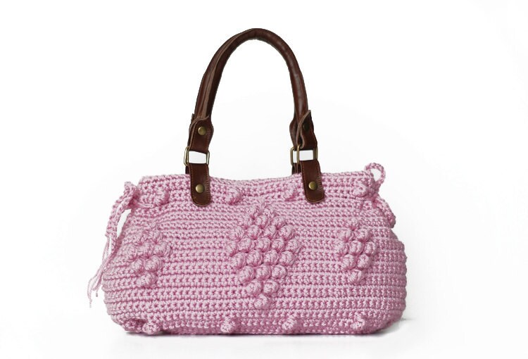 Pink Celebrity Style HandBag With Genuine Leather Handles - crocheted shoulder bag