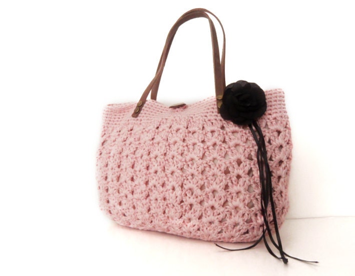 pink  summer bag- Handbag Celebrity Style With Genuine Leather Straps / Handles shoulder bag-crochet bag-hand made - Sudrishta