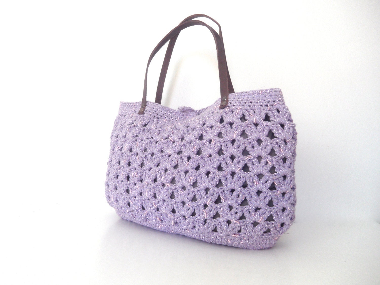 Lilac summer shoulder bag- hand bag With Genuine Leather Straps / Handles