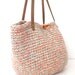 Hand knitted tricolor basket bag with genuine leather straps