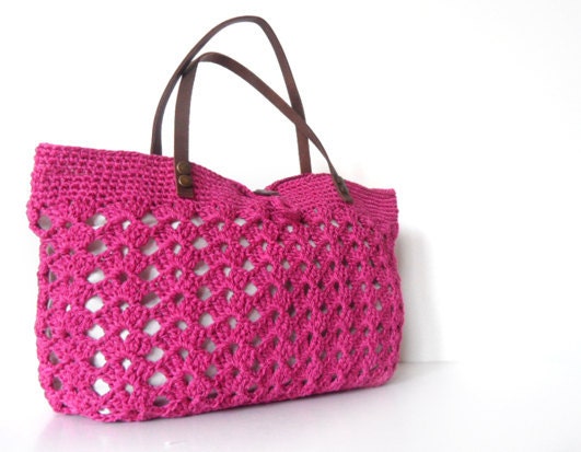 Fuchsia summer bag - Handbag Celebrity Style With Genuine Leather Straps / Handles shoulder bag-crochet bag-hand made