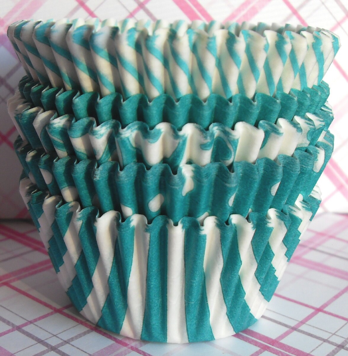 Teal Blue Cupcake Liners,  Stripes, Polka Dots, Gingham and Solid - Professional Grade and Greaseproof  - (100 count)