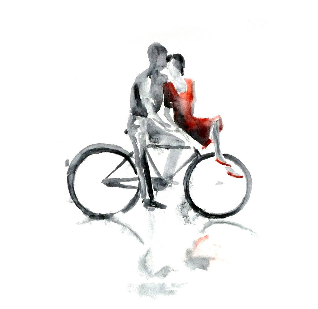 Love autumn rain bicycle kiss Original Watercolor Painting 13x19 contemporary modern wall art illustration abstract home wall decor